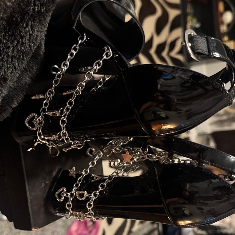 POSTER GIRL Black Patent Heels with Silver Chain Details chains say bad b!t(h
